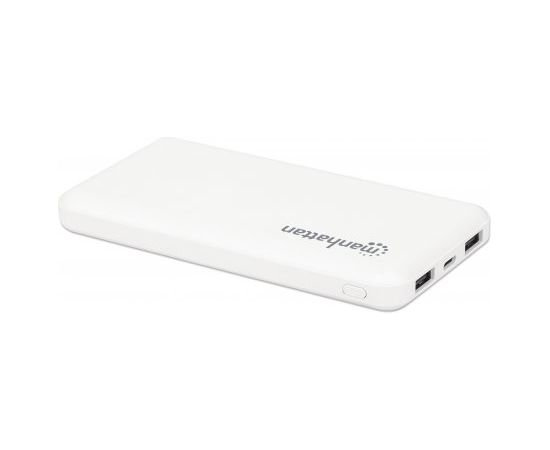 Manhattan Power Bank, 10000 mAh, Output: 2x USB-A (2.1A & 1A), Input: USB-C & Micro-USB (both 2A), White, One Year Warranty, Blister