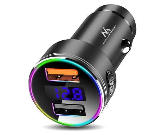 Maclean MCE375 Dual Car Charger with Display Cigarette Lighter Socket Aluminum Voltmeter USB 1x QC 3.0, USB 1x 5V/2.4A, RGB LED