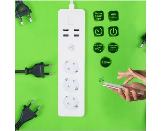 Tellur WiFi Power Strip, 3 Outlets, 4*USB 4A, 2200W, 10A, 1.8m