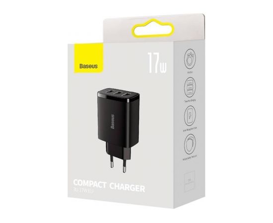 Baseus Compact Quick Charger, 3x USB, 17W (Black)