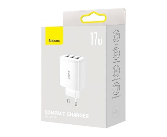 Baseus Compact Quick Charger, 3x USB, 17W (White)