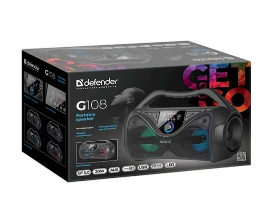 Defender G108 portatīvais skaļrunis / 20W / LED / Bluetooth 5.0/, tālvadības pults / melns