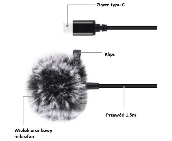 Puluz Jack Lavalier Wired Condenser Recording Microphone 1.5m USB-C / Type-C PU425