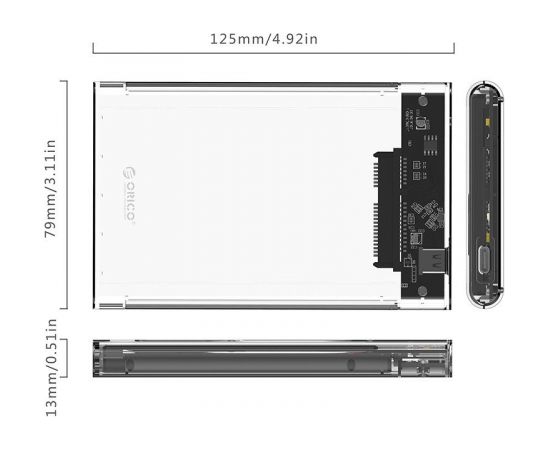 Hard Drive Enclosure Orico HDD 2,5" + USB 3.1 (10Gbps), USB-C (5Gbps) cables