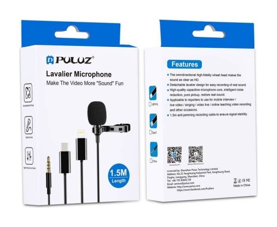 Puluz Jack Lavalier Wired Condenser Recording Microphone 1.5m jack 3.5mm PU424