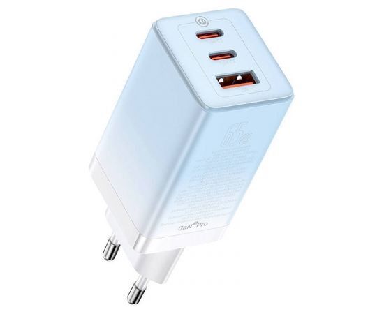 Baseus GaN3 Pro 2xUSB-C + USB wall charger, 65W + 1m cable (blue)