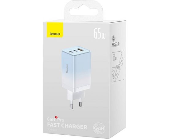 Baseus GaN3 Pro 2xUSB-C + USB wall charger, 65W + 1m cable (blue)