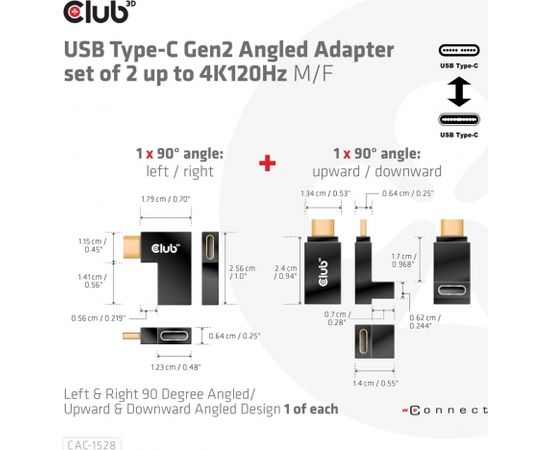 CLUB 3D CAC-1528 USB Type-C Gen2 Angled Adapter set of 2 up to 4K120Hz M/F