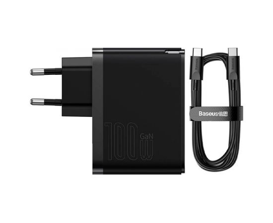 Baseus GaN USB-C + USB wall charger, 100W + 1m cable (black)