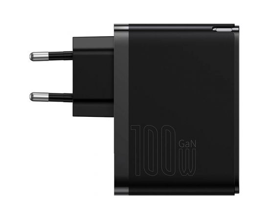 Baseus GaN USB-C + USB wall charger, 100W + 1m cable (black)