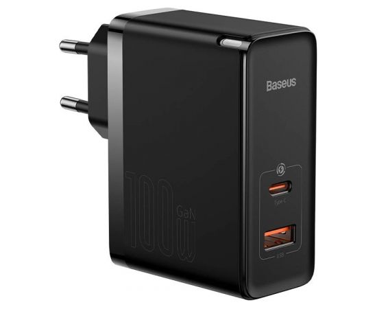 Baseus GaN USB-C + USB wall charger, 100W + 1m cable (black)