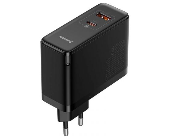 Baseus GaN USB-C + USB wall charger, 100W + 1m cable (black)