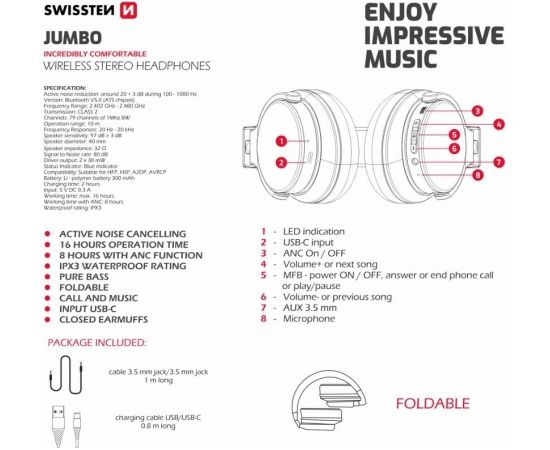 Swissten Jumbo ANC Wireless Bluetooth Наушники