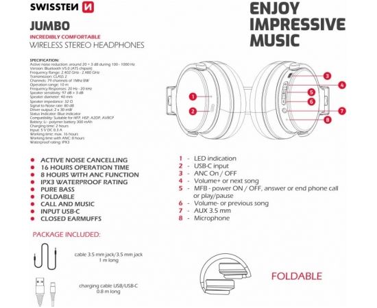 Swissten Jumbo ANC Stereo Bluetooth Bezvadu Austiņas