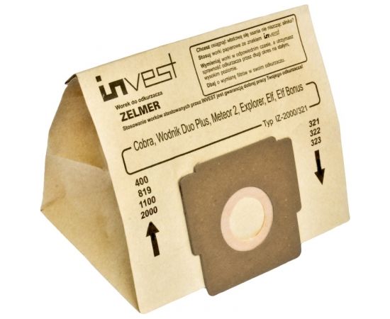 Invest Eko Papīra putekļu sūcēju maisi Zelmer Elf 321 / Flip Bonus 322 (5gab.) + Filtri (2gab.)