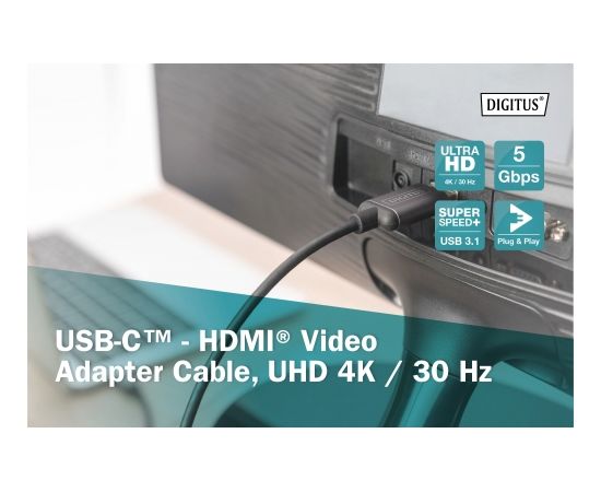 Digitus USB Type-C to HDMI Adapter DA-70821 1.8 m, Black, USB Type-C