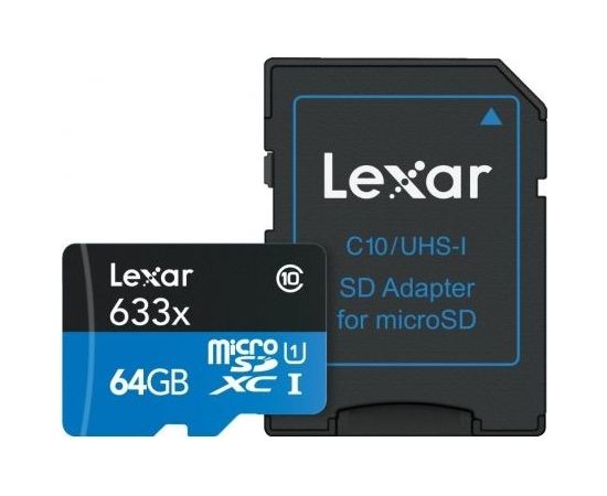 Lexar 64GB High-Performance 633x microSDHC UHS-I, up to 100MB/s read 20MB/s write