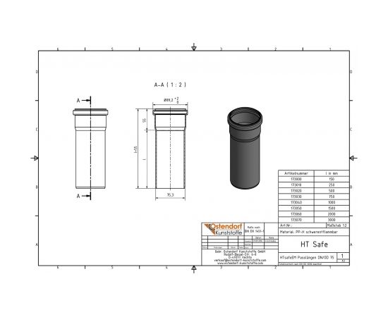 Ostendorf HTsafe kanalizācijas caurule ar uzmavu DN75 x 2000mm Cauruļvadi un viengabali