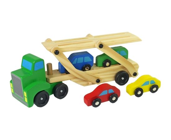 Koka vilcējs ar rotaļu mašīnām, zaļš