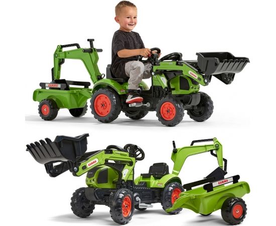 Falk traktors ar piekabi un iekrāvēju, zaļš