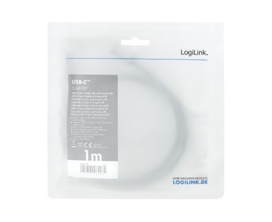 Logilink USB 3.2 Gen 2 cable, C/M to C/M, 4K/60Hz, PD,alu CUA0107 1 m, USB-C male, USB-C male