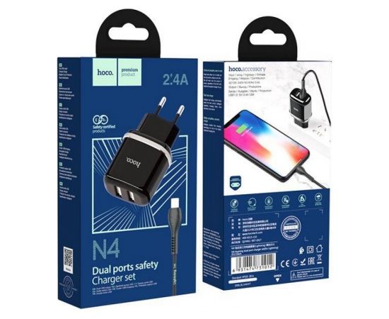 Hoco N4 12W 2x USB 2.4A Ligzdas Lādētājs priekš iPone un iPad ar Lightning 1m Vadu Melna