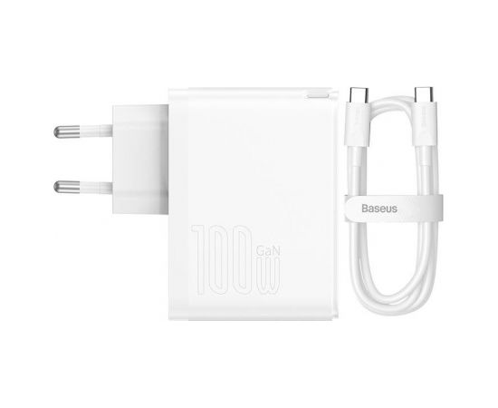 Baseus GaN5 Pro USB-C + USB wall charger, 100W  + 1m cable (white)