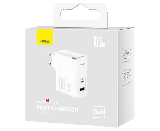 Baseus GaN5 Pro USB-C + USB wall charger, 100W  + 1m cable (white)