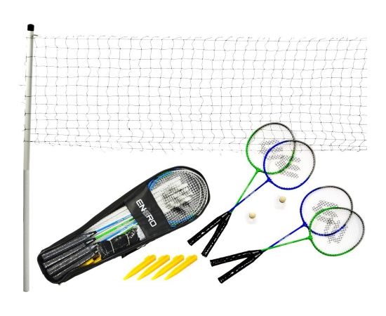 5in1 badmintona komplekts nūjas rakešu tīkls shuttlecocks Enero 500 vāciņš