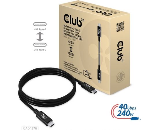 Club 3d Club3D CAC-1576 USB4 GEN3X2 TYPE-C BI-DIRECTIONAL CABLE 8K60HZ,DATA 40GBPS, PD 240W(48V/5A) EPR M/M 1M / 3.28FT
