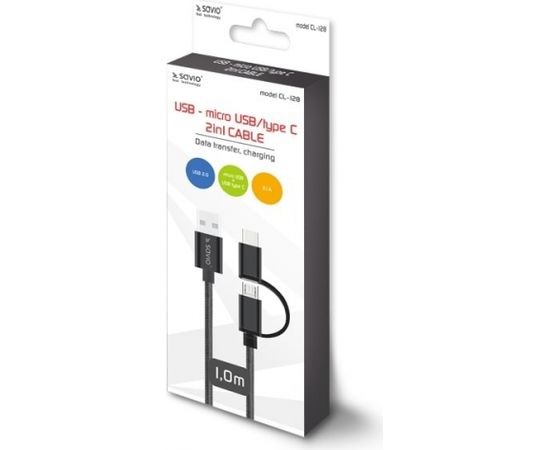 Savio CL-128 USB cable 1 m USB 2.0 USB A USB C/Micro-USB A Black