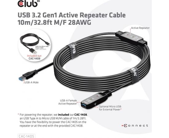Club 3d CLUB3D USB 3.2 Gen1 Active Repeater Cable 10m / 32.8ft M/F 28AWG