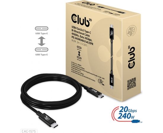 Club 3d Club3D CAC-1575  USB4 GEN2X2 TYPE-C BI-DIRECTIONAL CABLE 4K60HZ,DATA 20GBPS, PD 240W(48V/5A) EPR M/M 2M/6.56FT