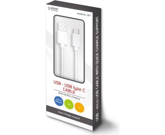 Savio USB – USB type C cable 5A, 1m CL-126 White