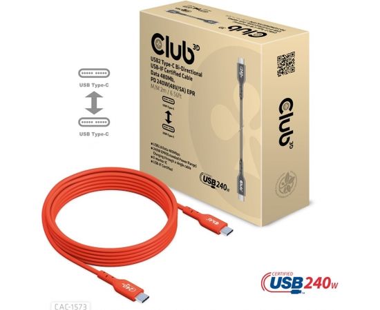 Club 3d Club3D CAC-1573 USB2 TYPE-C BI-DIRECTIONAL CABLE, DATA 480MB, PD 240W(48V/5A) EPR M/M 2M/6.56FT