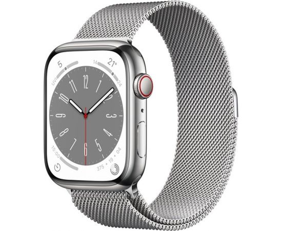 Apple Watch 8 GPS + Cellular 45mm Stainless Steel Milanese Loop, silver (MNKJ3EL/A) Smart-Watch Pulksteņi