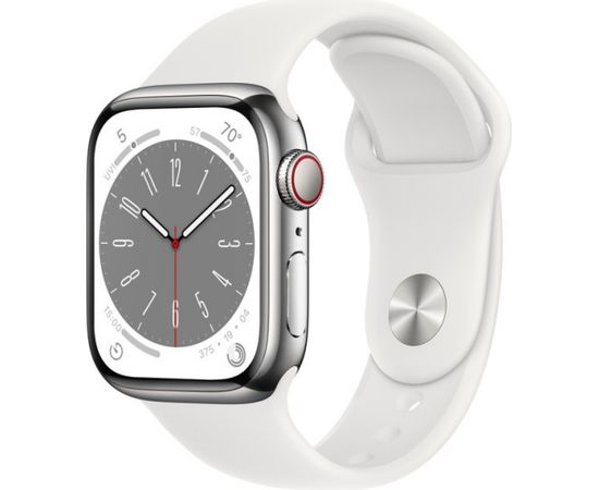 Apple Watch 8 GPS + Cellular 41mm Stainless Steel Sport Band, silver/white (MNJ53EL/A)