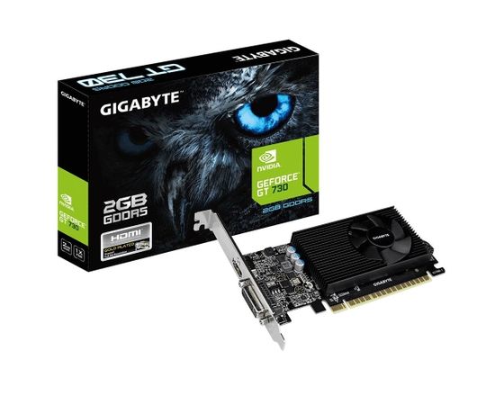 Graphics Card | GIGABYTE | NVIDIA GeForce GT 730 | 2 GB | 64 bit | PCIE 2.0 8x | GDDR5 | Memory 5000 MHz | GPU 902 MHz | Single Slot Fansink | 1xDVI | 1xHDMI | GV-N730D5-2GL