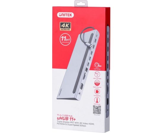 UNITEK HUB USB-C 11IN1, USB-C, RJ45, MST, 100W PD