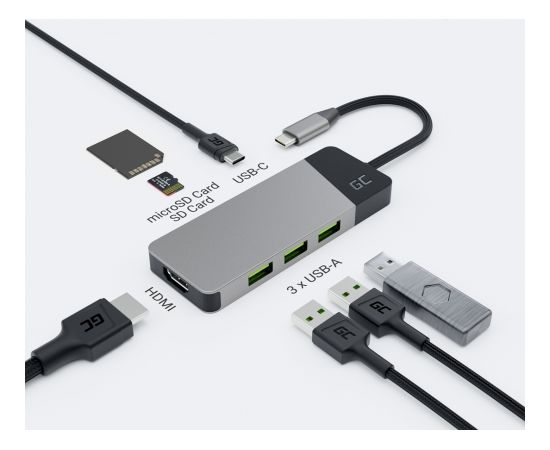 GREEN CELL HUB USB-C ADAPTER GC CONNECT 7W1 (3XUSB 3.1, HDMI 4K 60HZ, USB-C PD 85W, MICROSD/SD)