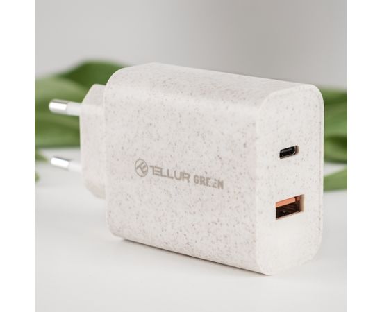Tellur Green 38W dual port charger Type-C PD20W + USB QC3.0, cream