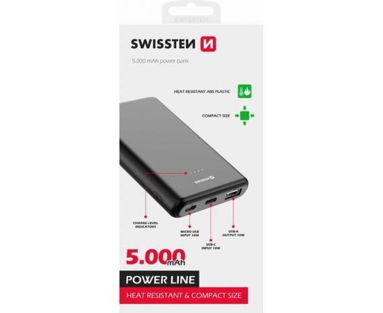 Swissten Line Power Banka Ārējās Uzlādes Baterija USB / USB-C / Micro USB / 10W / 5000 mAh