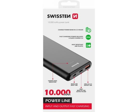 Swissten Line Power Banka Ārējās Uzlādes Baterija USB / USB-C / Micro USB / 20W / 10000 mAh