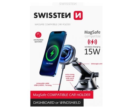 Swissten Магнитный автомобильный держатель 15W (MagSafe compatible)