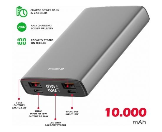 Swissten Aluminium Power Bank Переносная зарядная батарея 2xUSB / USB-C / Micro USB / 20W / 10000 mAh