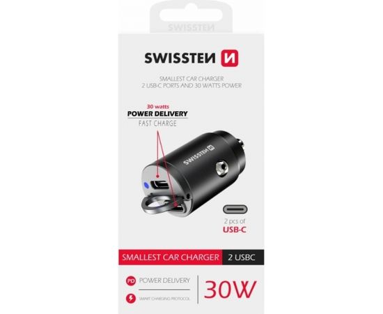 Swissten Nano Metāla Automašīnas Lādētāja Adapteris 2xUSB-C ar 30W PD / SCP