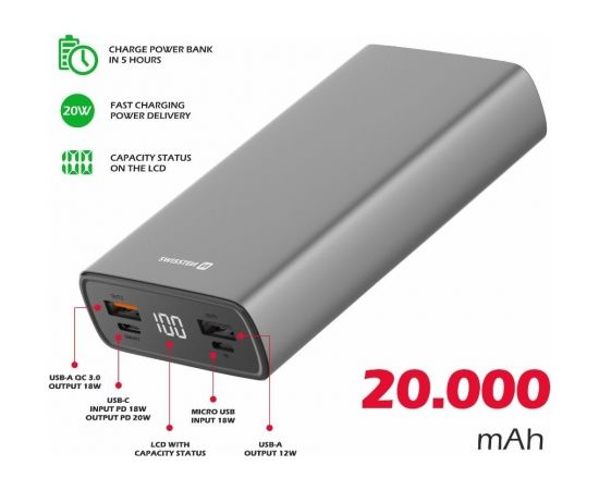 Swissten Aluminium Power Banka Ārējās Uzlādes Baterija 2xUSB / USB-C / Micro USB / 20W / 20000 mAh