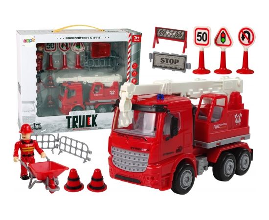 Rotaļlietu ugunsdzēsēju automašīna ar ceļa zīmēm