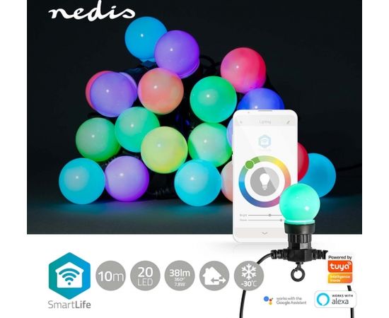 Nedis Smart LED lighting string, 230Vac, 10m, 20 x Ø50mm LED, RGB+, Wi-Fi, SmartLife