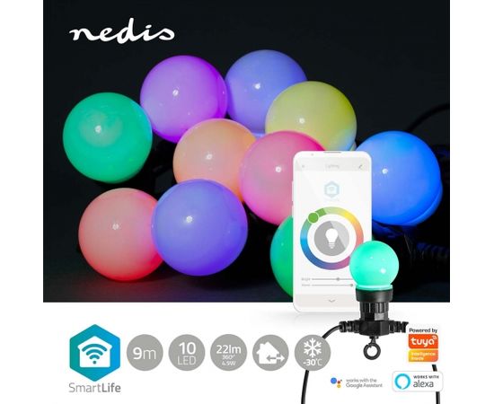 Nedis Smart LED lighting string, 230Vac, 9m, 10 x Ø50mm LED, RGB+, Wi-Fi, SmartLife